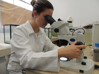 imagem de uma mulher olhando num microscópio