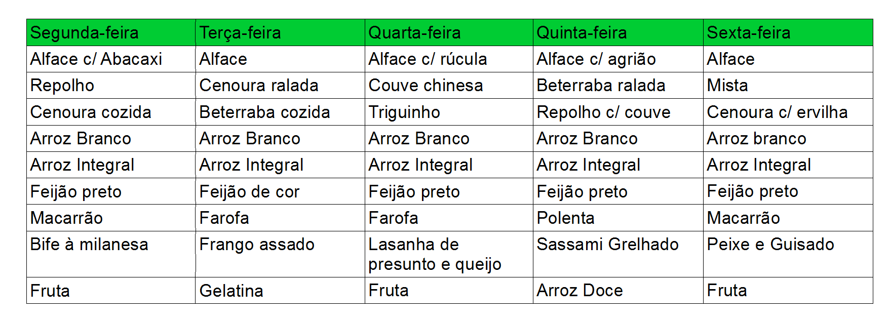 Cardápio 20 a 24 de Novembro