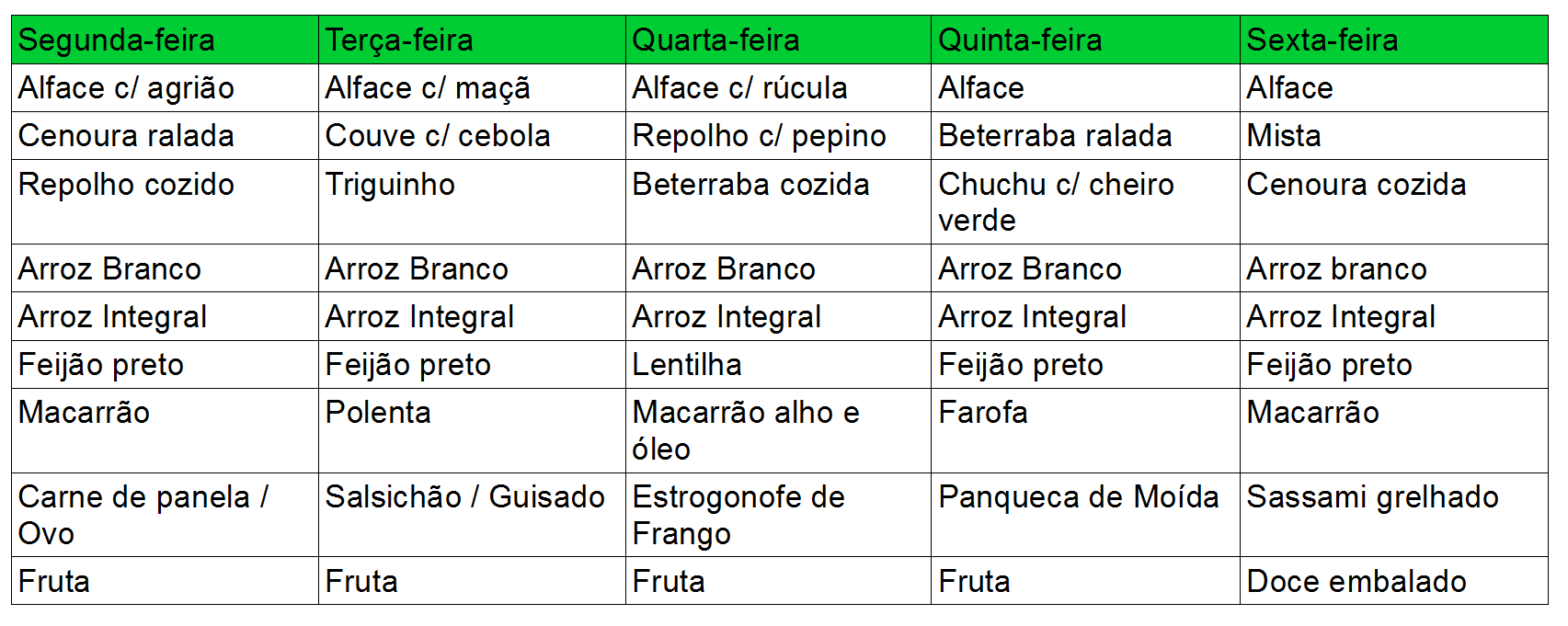 Cardápio 27 a 1º de dezembro