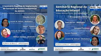 Imagem com fundo azul, com dois cartazes dos eventos promovidos pela Amosc, em parceria com a UFFS