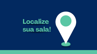 Imagem com fundo azul, com o texto "Localize sua sala". Ao lado, a imagem de um indicador de localização