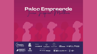 Imagem com fundo rosa com ilustrações do perfil de mulheres. Acima, o texto "Palco Empreende - Inspira Mulher". No rodapé, várias marcas, dentre elas, da Feira do Inspira Mulher, da UFFS - Campus Chapecó, do Empreende UFFS e da INNE