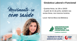Imagem de uma mulher fazendo alongamento de braço, com textos informativos da atividade, além das marcas da Geap e da UFFS - Campus Chapecó