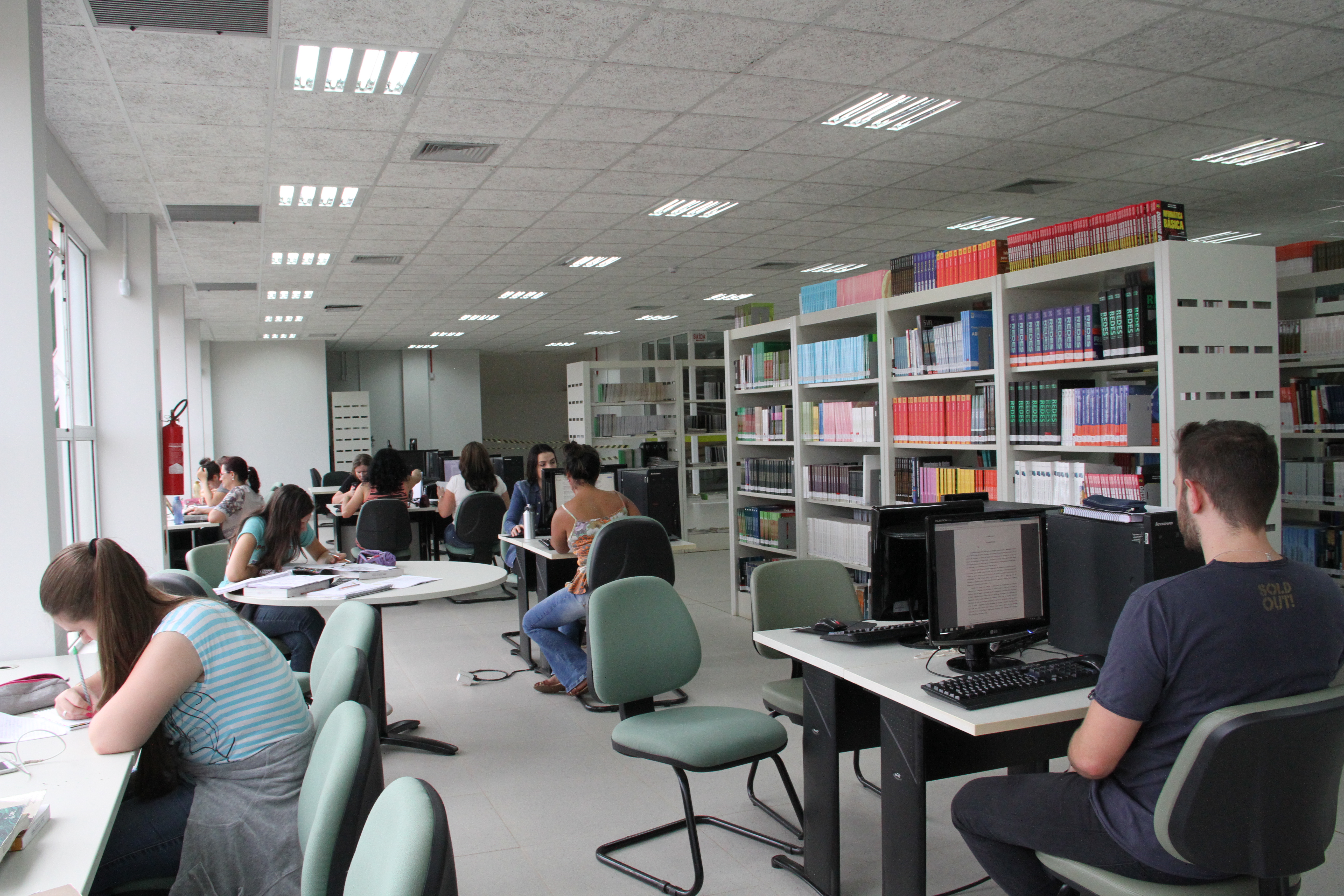 Pessoas estudam nas mesas da biblioteca, à esquerda e ao fundo. Do lado direito, prateleiras com livros