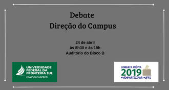 Imagem cinza, com margens finas brancas e vazadas nos quatro cantos. No meio da imagem, o texto "Debate Direção do Campus - 24 de abril, 8h30 e 19h - Auditório do Bloco B". Abaixo, no canto esquerdo, a marca da UFFS - Campus Chapecó e, no canto direito, a marca da Consulta Prévia 2019."