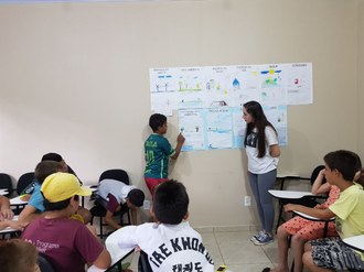 Em frente a vários papéis colados na parede, um menino e uma graduanda. No primeiro plano, várias crianças sentadas em cadeiras dispostas em uma sala de aula
