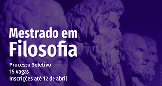 Imagem com fundo roxo, com informações sobre o Mestrado em Filosofia escritas em branco no canto esquerdo da imagem