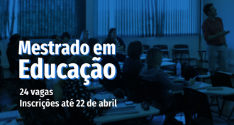 Imagem com segundo plano azulado, com foto de sala de aula. Em primeiro plano, informações sobre o Mestrado