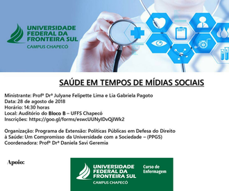 Imagem com as informações do evento. No topo, a identidade visual da UFFS - Campus Chapecó do lado esquerdo. Do lado direito, o colo de uma pessoa com um estetoscópio na mão e nove hexágonos sobrepostos à foto, com desenhos simbolizando questões ligadas à saúde, como um coração, uma cadeira de rodas, um prontuário, etc. Abaixo, a logo da UFFS - Campus Chapecó - Curso de Enfermagem em fundo verde
