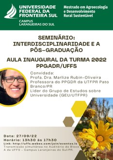 Cartaz com as informações sobre a aula inaugural da turma 2022 do PPGADR.