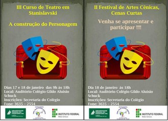Na imagem o cartaz do evento contendo na parte superior o nome do evento, ao centro máscaras e um palco de teratro, na parte inferior detalhes sobre data, horário e local do evento.