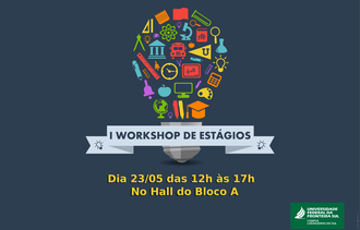Na imagem vários objetos (tubos de ensaio, globo, réguas, compasso, átomos, lápis, microscópio e outros) formam uma lâmpada. A imagem contém ainda o texto: I Workshop de estágios - Dia 23/05 das 12h às 17h no Hall do Bloco A.