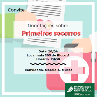 Ao fundo a imagem de mão segurando um papel e maleta de primeiros socorros e em destaque o nome, data, local e horário da palestra.