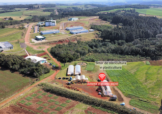 Imagem do Campus Laranjeiras do Sul destaca as áreas experimentais. Na foto a indicação do nome dos setores e local de instalação da antena e access point.