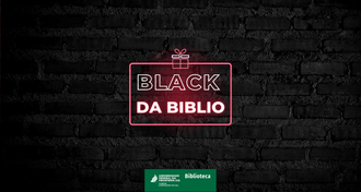 Ilustração com fundo escuro mostra uma figura que lembra uma caixa de presente, dentro dela os dizeres: Black da Biblio.