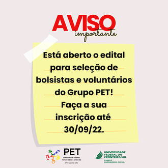 Card informa: O edital de seleção de bolsistas e voluntários  está aberto! Faça a sua inscrição  até 30/09/22.
