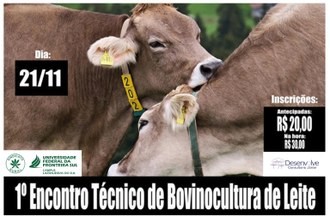 Na imagem o nome, data do evento e valor das inscrições (R$ 20 antecipado e R$30 na hora), a logomarca da UFFS da Desenvolve e do Sindicato Rural.