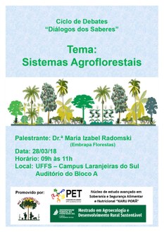 Cartaz contendo data, horário, local, tema, nome da palestrante e relação de organizadores, no centro da imagem uma ilustração com diversas árvores.