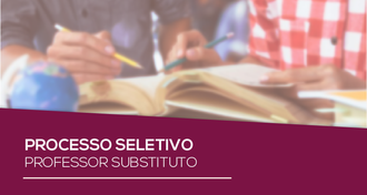 Ao fundo duas pessoas manuseando livro e em primeiro plano a frase Processo Seletivo Professor Substituto