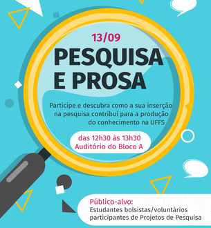 Na imagem o nome do evento, data, horário e local do evento aparecem no centro de uma lupa. Na parte inferior as informações sobre o público-alvo do evento.