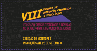 Ilustração com fundo preto, com a identidade visual da Jornada de Iniciação Científica e o texto de apoio "seleção de monitores"