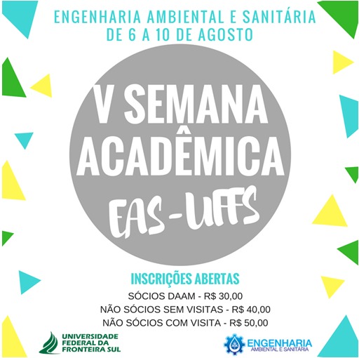 Ilustração com fundo branco e um círculo cinza no centro com a escrita "V Semana Acadêmica EAS - UFFS"