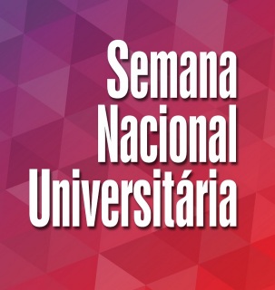 Ilustração com fundo degradê em rosa, roxo e vermelho, com a escrita Semana Nacional Universitária em branco