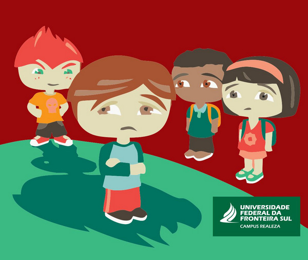 Retratação de Bullying: a sombra de um aluno se estende e oprime o outro aluno que parece estar amedrontado. Paralelamente, outros alunos assistem a cena.
