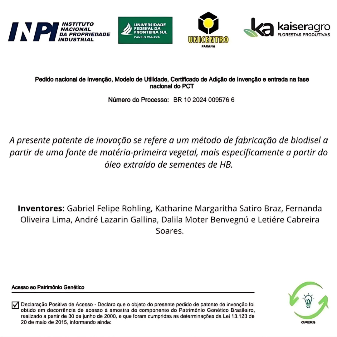 PEDIDO DE PATENTE BIODIESEL HB