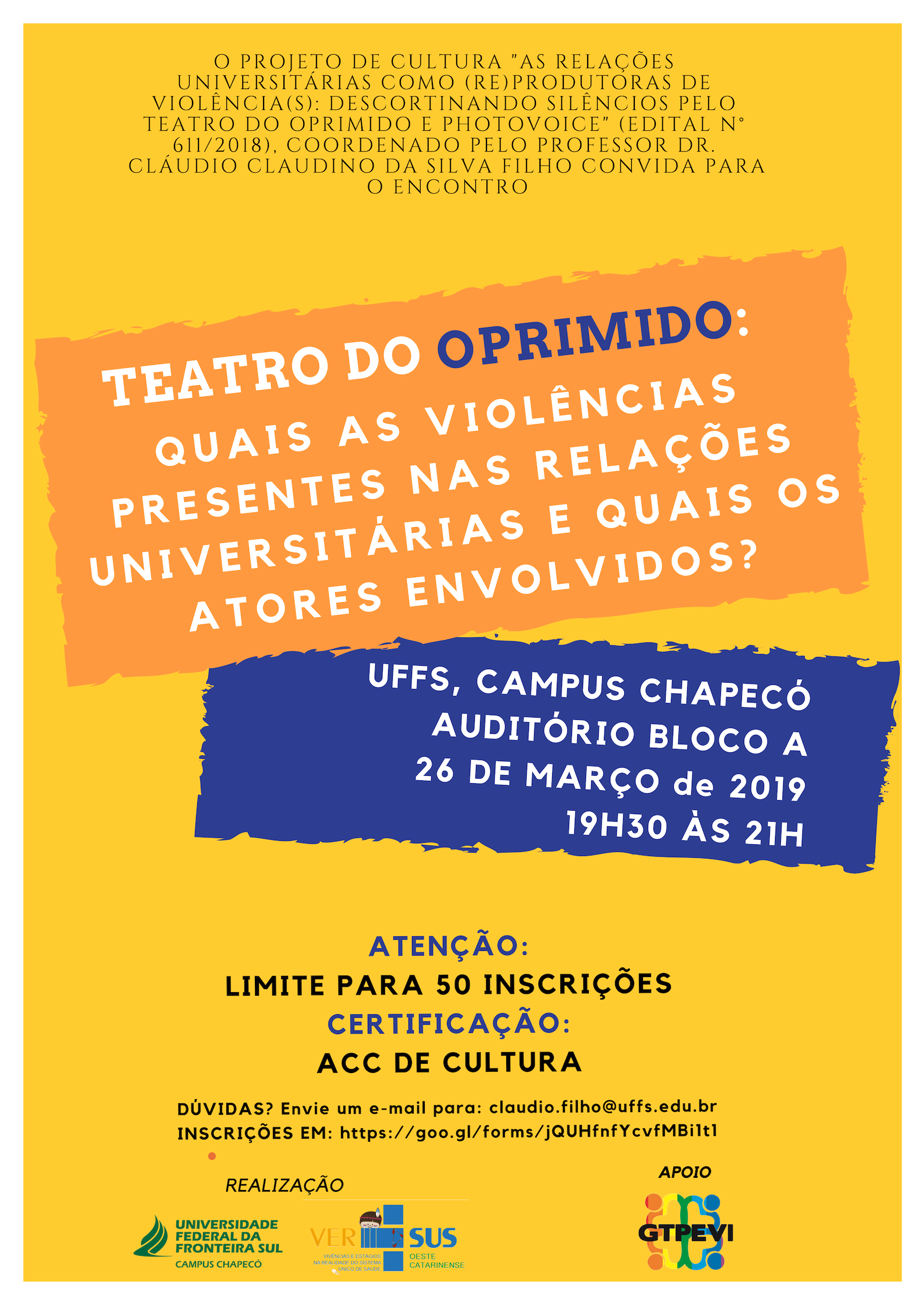 Cartaz com oinformações de evento abordando o Teatro do Oprimido
