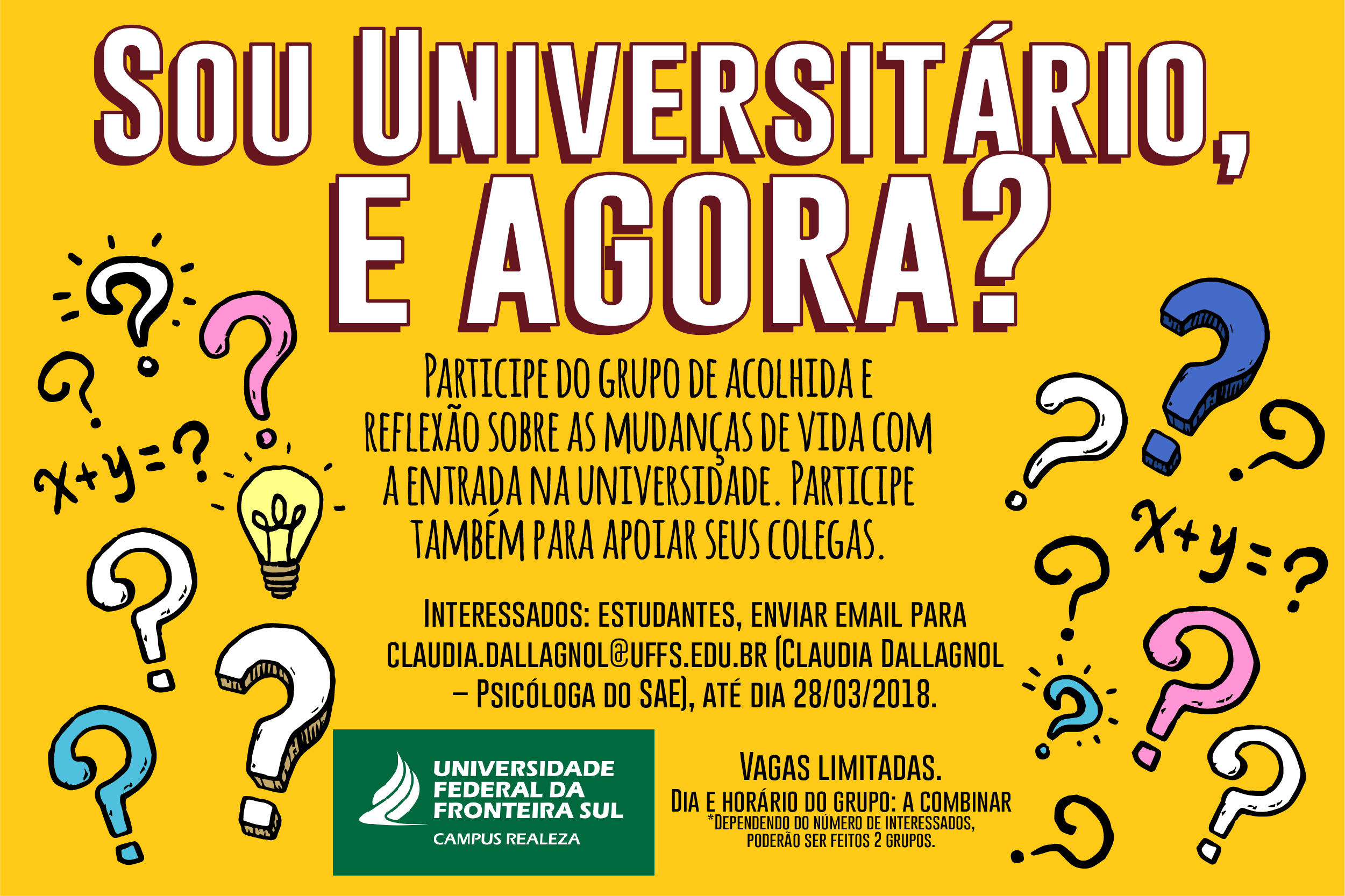 Cartaz na cor amarela, com a escrita: sou universitário, e agora?