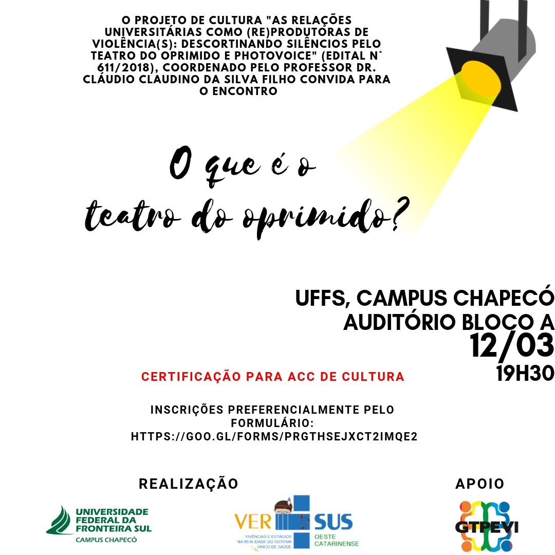 frase o que é o teatro do oprimido? escrito em letras cursivas e a imagem de um projetor de luz se sobressaindo a um fundo branco